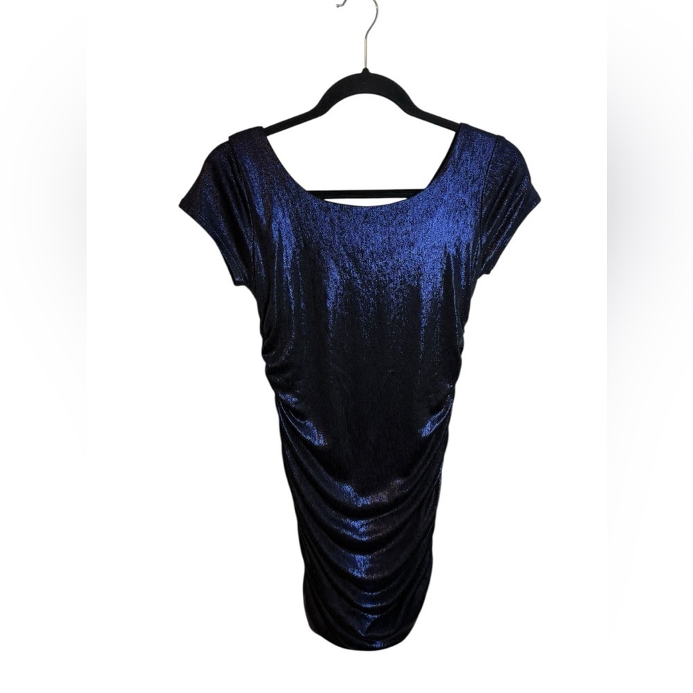 BD Junior Midnight Blue Metallic Short Sleeve Ruched Y2K Mini Dress